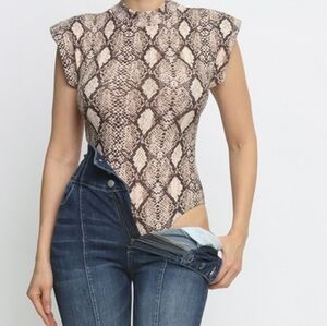 Python Snake Print Mock Neckline Padded Cap Sleeves Bodysuit